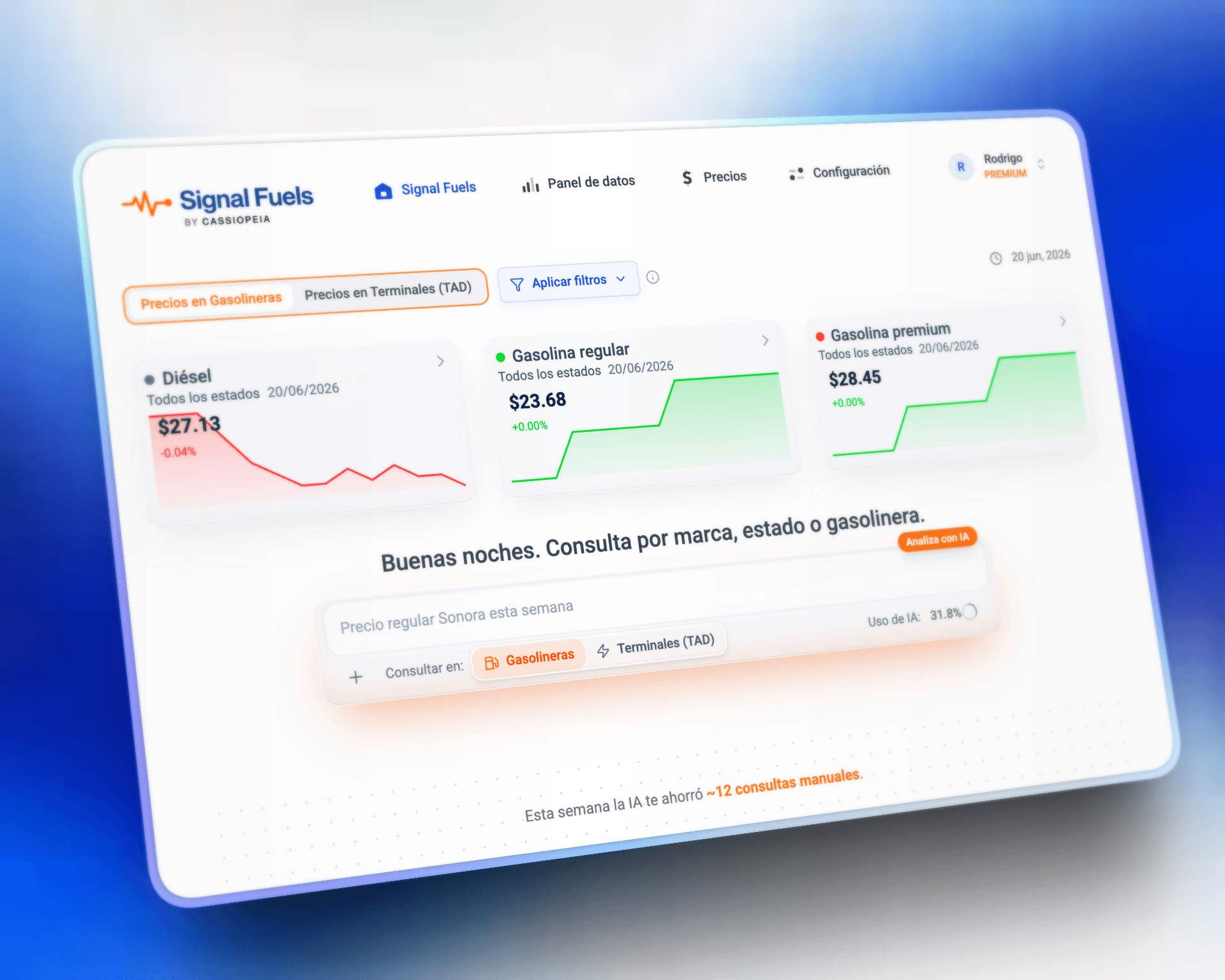 Dashboard de Signal Fuels con IA: precios de combustibles, gasolineras y terminales TAD en México